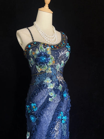 Vintage Ballkleider Meerjungfrau Träger Hellblaue Spitze mit Blumen Lange Abendkleider N3440