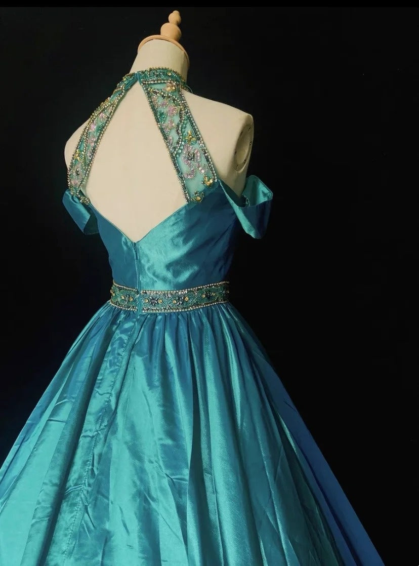 Vintage Ballkleider Inspo Ballkleid Hochgeschlossen Blau Satin 1990er Mit Perlen Abendkleider N3322