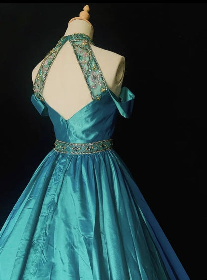 Vintage Ballkleider Inspo Ballkleid Hochgeschlossen Blau Satin 1990er Mit Perlen Abendkleider N3322
