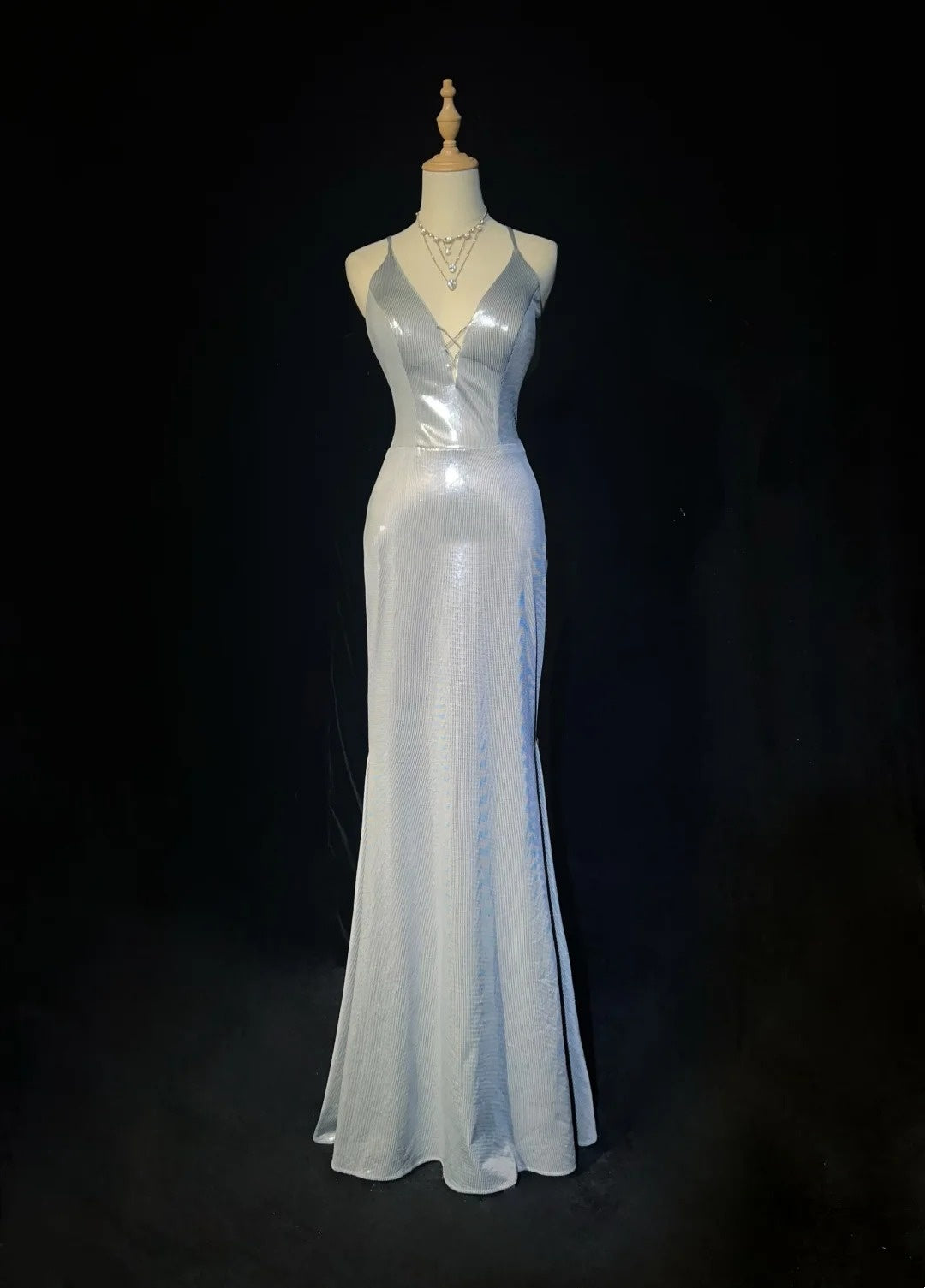 Inspirations Robes de Bal Vintage Sirène Bretelles Spaghetti Argent Dos Nu Années 80 Longue Robe de Soirée N2741