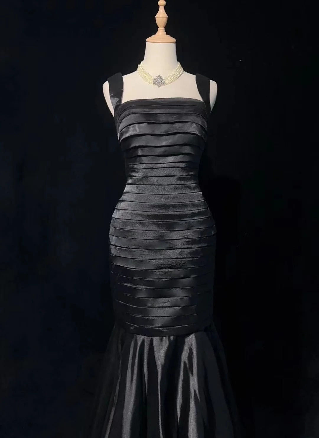 Vintage Prom Dresses Mermaid Square Neck Black Satin With Pleated 1950s Long Formal Gown N2599