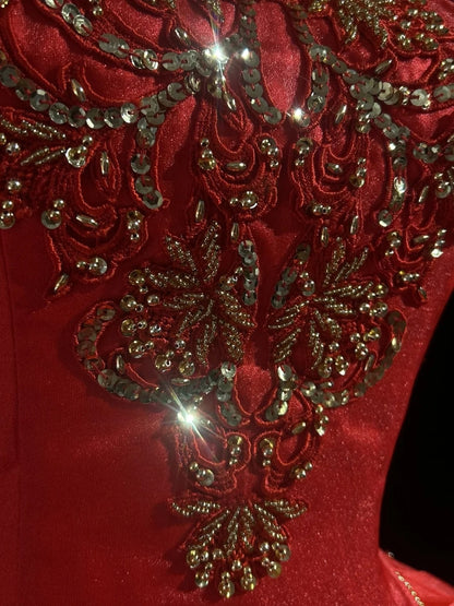 Vintage Prom Dresses Ball Gown Square Neck Red Organza Long 70s Beads Formal Gown N2606
