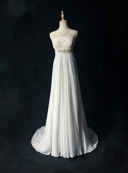 Timeless Wedding Dresses A Line Spaghetti Strap White Chiffon With Beaded Long Bridal Gown N3018