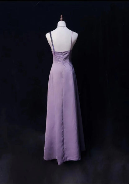 Vintage Abschlussballkleider A-Linie Lila Satin Ärmellos 70er Perlen Festliches Kleid N2568