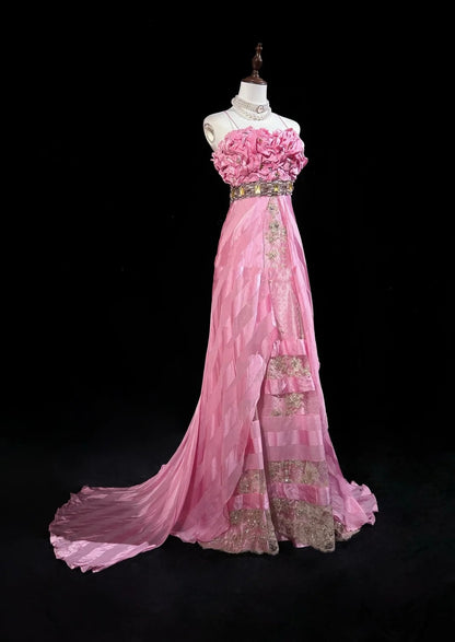 Vintage Abschlussballkleider Spaghettiträger Meerjungfrau Pink mit Goldspitze Lange formelle Abendkleider N3862