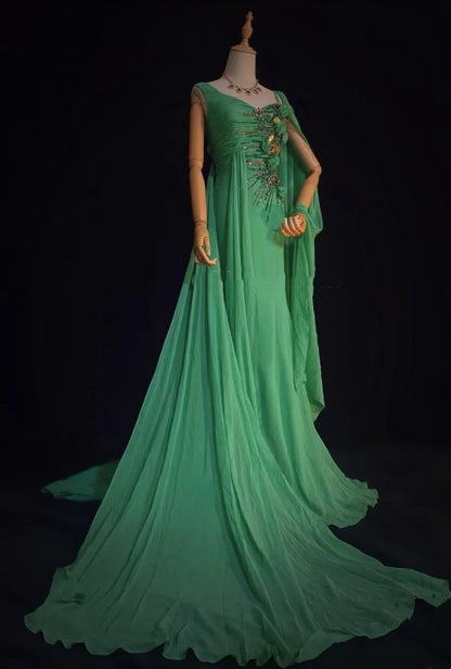 Robes de bal élégantes Inspo Sirène Mousseline Vert Avec Fleurs Perles Pour Femmes Robe de Soirée N3232