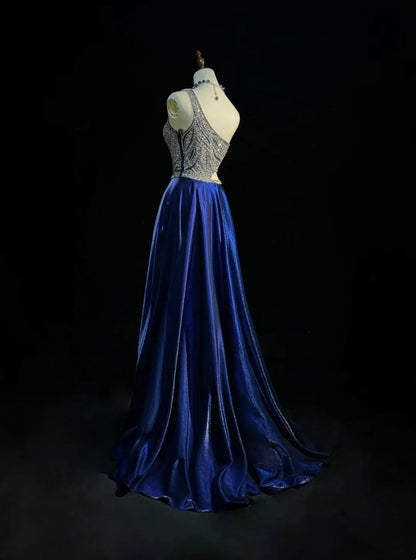 Robes de bal simples, ligne A, asymétrique, bleu roi, longueur ras du sol, perles, robe de soirée formelle N3688