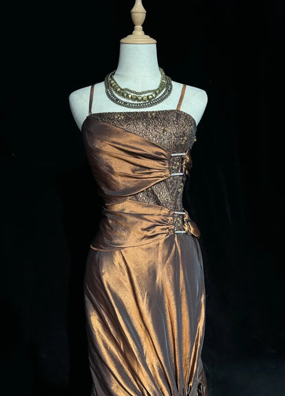 Vintage Ballkleider Inspo Meerjungfrau Spaghettiträger Braun mit Perlen 80er Jahre Langes Abendkleid N2738