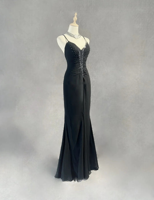 Vintage Prom Dresses Mermaid Spaghetti Strap Black Tie Dress Chiffon 70s With Beading Backless Long Formal Gown N2520