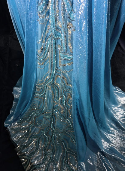 Inspiration robes de bal vintage sirène bretelles sequins bleus longues années 90 avec fleurs robes de soirée N3355