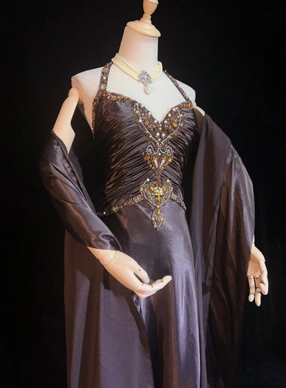 Robes de bal vintage Trapèze Col Américain Marron Sans Manches Satin avec Cape Perles Années 1980 Longue Robe de Soirée N2864
