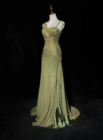 Robes de bal vintage sirène en mousseline vert olive avec perles Tenues de soirée formelles N3854