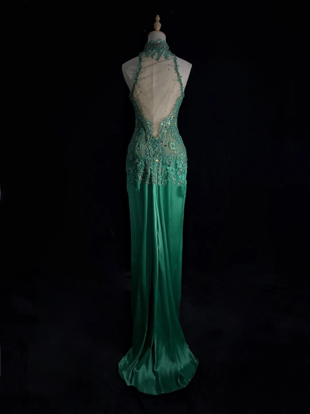 Robes de bal vintage des années 90 sirène col montant en satin vert avec applique, fente longue, tenues de soirée semi-formelles N3662