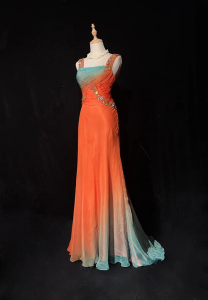 Vintage Abschlussballkleider 1960er A-Linie, eckiger Ausschnitt, orangefarbener Chiffon-Verlauf, perlenbesetztes langes Abschlussballkleid N3104