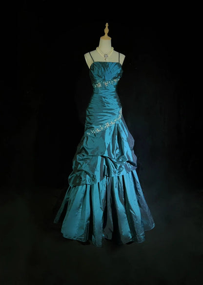 Vintage Ballkleider Ballkleid Spaghettiträger Teal Blau Ärmellos Taft 90er Langes Abendkleid N2893