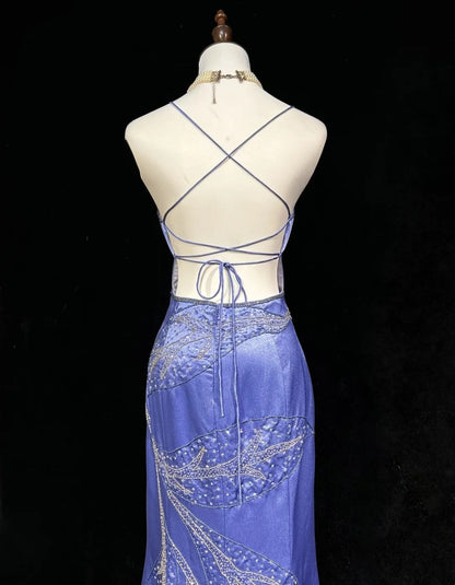 Robes de bal vintage des années 60 sirène à bretelles spaghetti lilas dos nu avec volants perlés longue robe de bal N3114