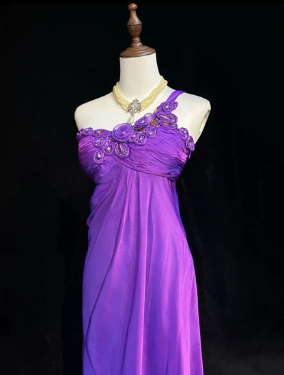 Vintage Prom Aesthetic Dresses A Line One Shoulder Purple Chiffon With Beading Long Formal Dress N3015