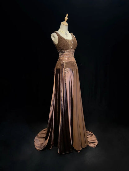 Robes de bal vintage sirène en mousseline de soie chocolat col en V avec perles longue robe de soirée N2453