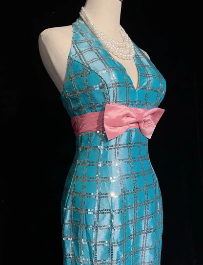 Vintage Abschlussballkleider Meerjungfrau V-Ausschnitt Blau Pailletten Ärmellos 1980er Jahre Langes Abendkleid N2866
