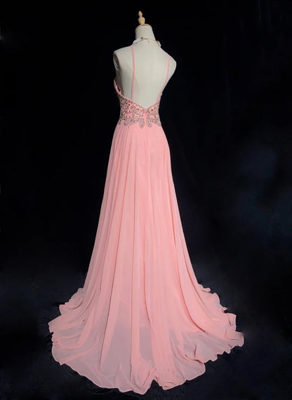 Bescheidene Abschlussballkleider A-Linie Neckholder Rosa Chiffon mit Perlenbesatz Lange Abendgarderobe N3464