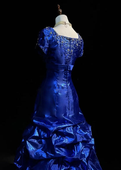 Robes de Bal Vintage Années 60 Sirène Col Carré Organza Bleu Roi Avec Longue Robe de Bal Perlé N3116