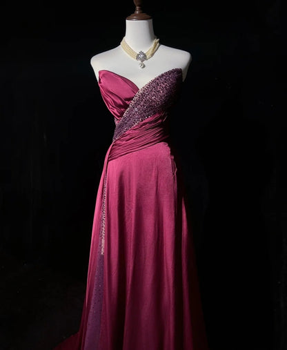 Vintage Ballkleider A-Linie Sweetheart Hot Pink Satin 70er Jahre Mit Perlen Langes Abendkleid N2530