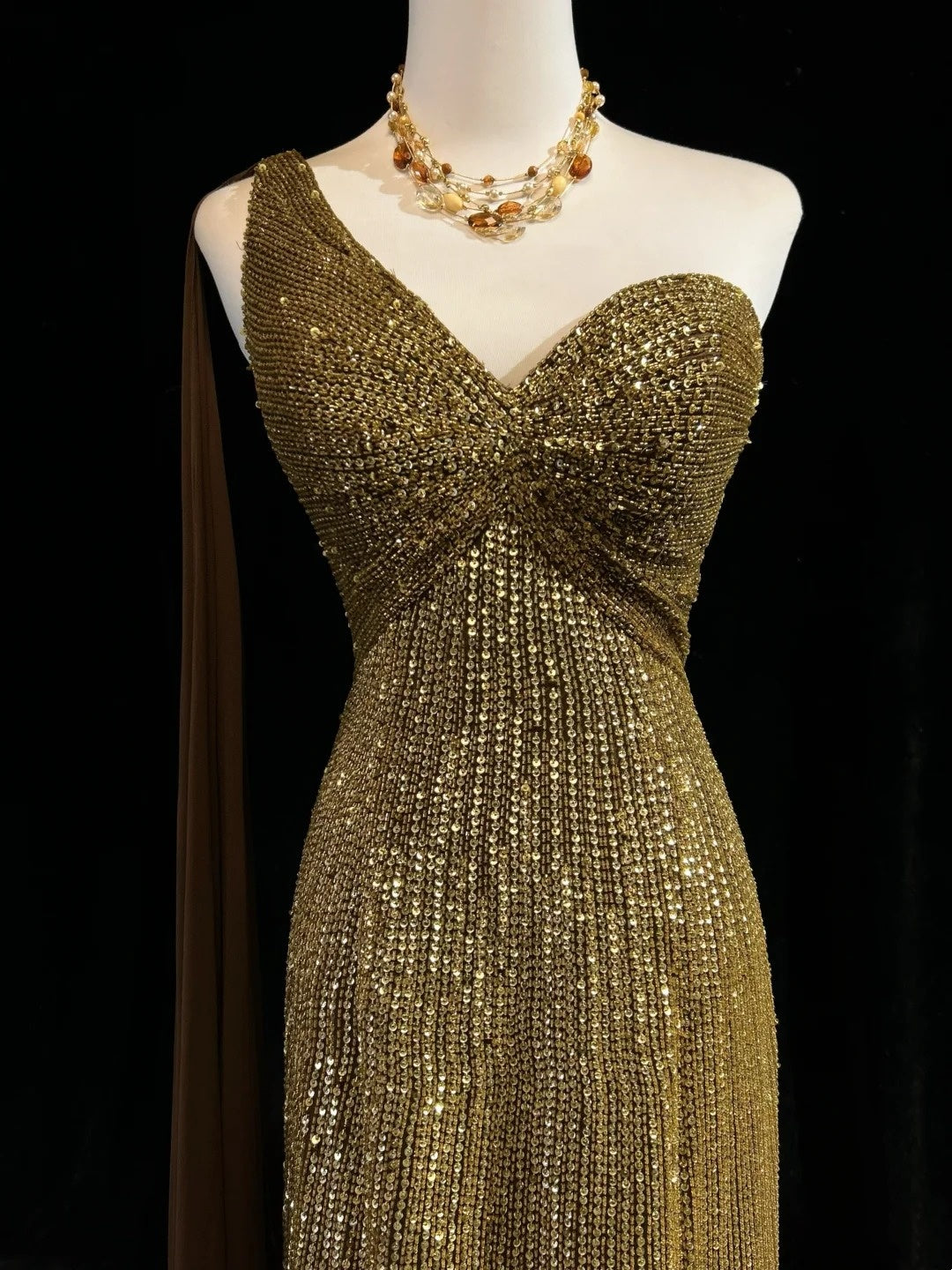 Robe de soirée sirène vintage des années 2000 à une épaule, à sequins dorés, longue robe de bal étincelante N2574