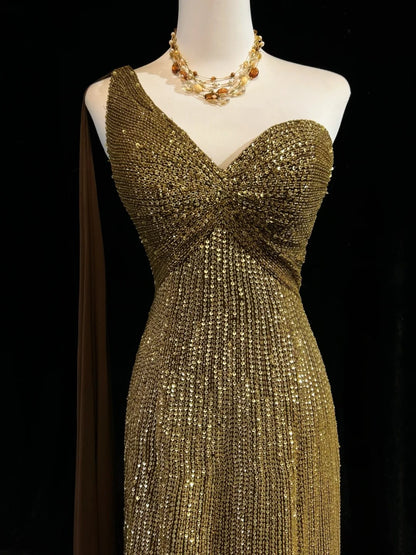 Robe de soirée sirène vintage des années 2000 à une épaule, à sequins dorés, longue robe de bal étincelante N2574
