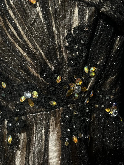 Charmantes Robes de Bal Sirène bustier en Tulle Robe de Cérémonie Noire avec Perles Tenues de Soirée Formelles Longues N3701