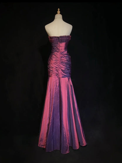 Vintage Abschlussballkleider Meerjungfrau Sweetheart Lila Satin 90er Mit Rüschen Langes Ballkleid N2513
