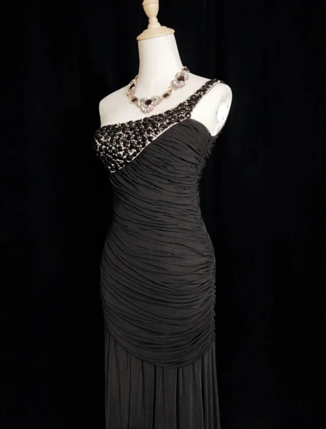 Vintage Prom Dresses Mermaid One Shoulder Black Tie Dress Chiffon 70s With Beading Backless Long Formal Gown N2522