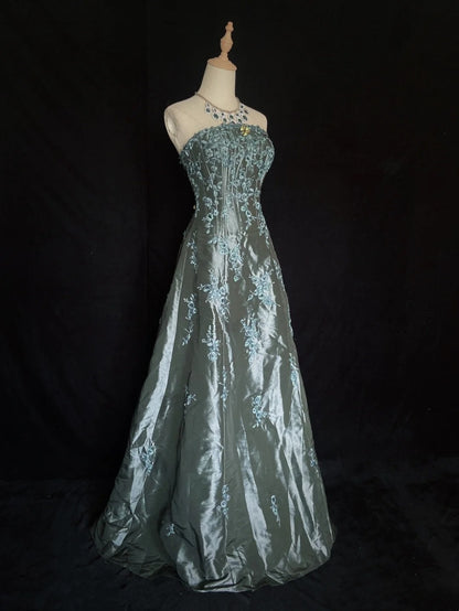 Robes de Bal de Princesse sans Bretelles Vert Broderie Robe de Soirée Longue N3289