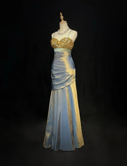 Nouvelles Robes de Bal Sirène Bretelles Fines Longueur Ras du Sol Taffetas Robe de Soirée Formelle N3697