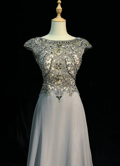 Robes de bal vintage des années 80 A-ligne col rond gris sans manches en mousseline avec perles Tenues de soirée semi-formelles N3615
