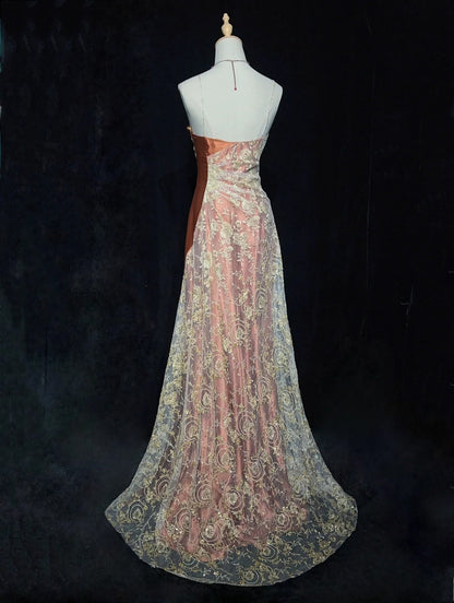 Robes de bal modestes sirène bretelles fines dentelle dorée avec perles longues tenues de soirée N3462