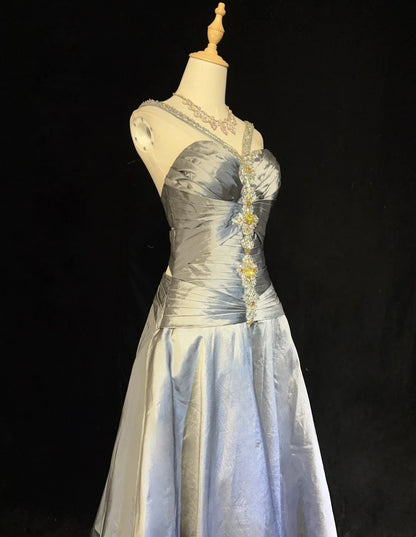 Vintage Prom Dresses Inspo A line Halter Grey Drop Waist Satin 80s Long Formal Gowns With Beads N2863