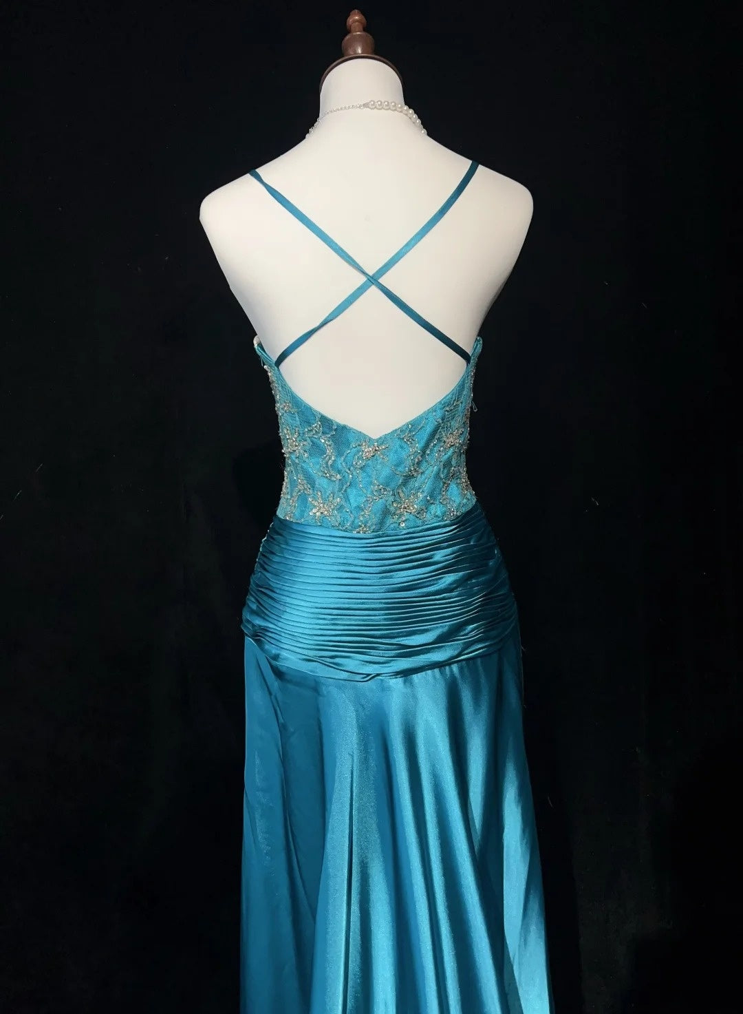 Robes de bal vintage, inspiration sirène, fines bretelles, satin bleu années 80 avec perles, robes de soirée N3353