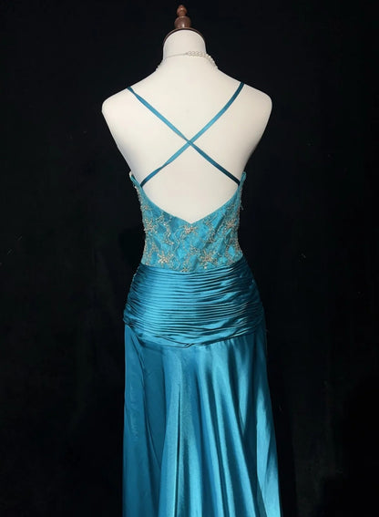 Robes de bal vintage, inspiration sirène, fines bretelles, satin bleu années 80 avec perles, robes de soirée N3353
