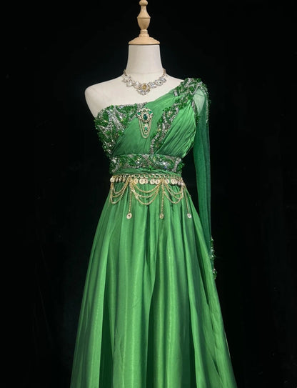 Sexy A-Linien-Kleid, One-Shoulder, Grün, Chiffon mit Perlen, Strasssteinen, Ballkleid, Lang, Abendkleid N2697