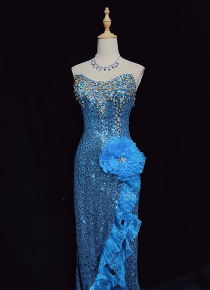 Vintage Promkleider Inspo Meerjungfrau Sweetheart Royalblau Pailletten Lang 1990er Mit Perlen Abendkleider N3390