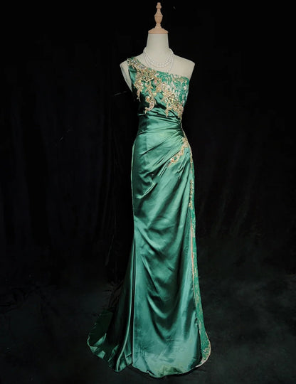 Vintage Prom Dresses Inspo Meerjungfrau Ein-Schulter Dunkel Smaragdgrün 1990er Mit Gold Spitze Abendkleider N3320