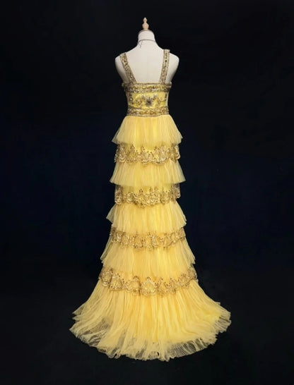 Vintage Abschlussball Ästhetik Kleider A-Linie Quadratausschnitt Gelb Gestufte Lagen mit Perlen Lang Abendkleid N3060