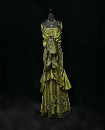 Vintage Meerjungfrau 2000er Spaghettiträger Olivgrün Satin Festliches Kleid Lange Ballkleider N2575