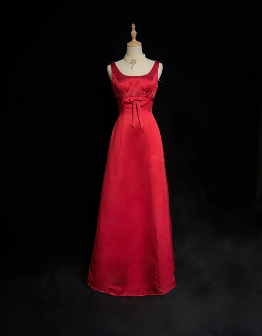 Vintage Prom Dresses Inspo A line Square Neck Red Satin 80s Long Formal Gowns With Cape N2857