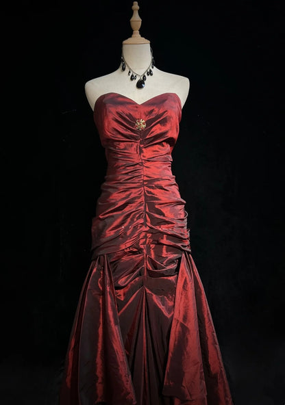 Vintage 90er Abschlussballkleider Meerjungfrau Sweetheart Burgund Taft mit gerafftem langen Ballkleid N3031