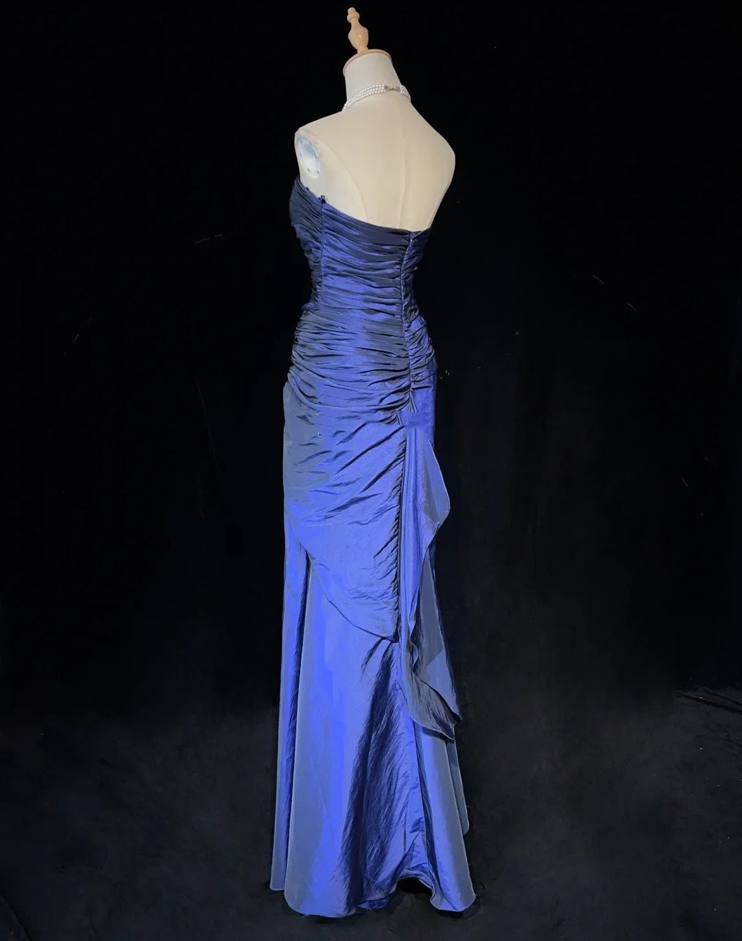 Vintage Abschlussballkleider 90er Meerjungfrau Trägerlos Marineblau Taft mit Perlen Lang Halbformelles Abendkleid N3669