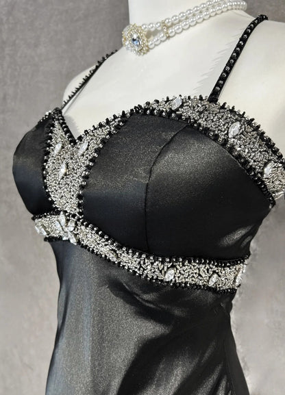 Robes de bal vintage sirène à fines bretelles en satin noir années 90 avec volants et perles longue robe de soirée formelle N2510
