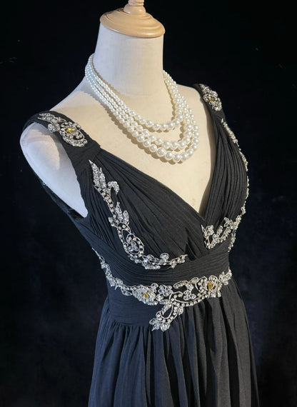 Robes de bal vintage en mousseline de soie, coupe trapèze, col en V, style années 80, avec perles, longues, pour soirées formelles N4221