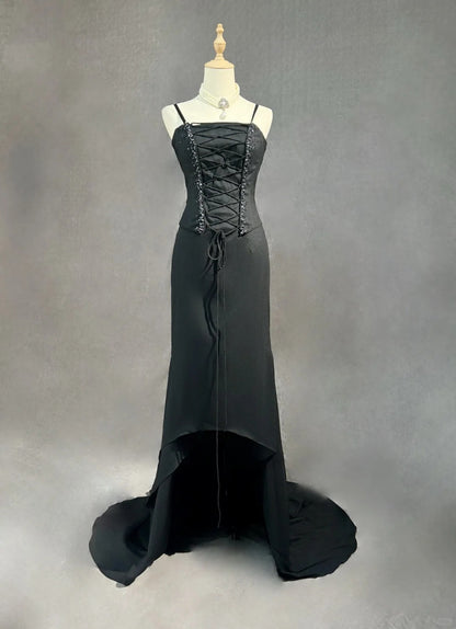 Vintage Prom Dresses 1950er Jahre High-Low Spaghettiträger Black Tie Kleid Ärmellose Abendgarderobe RB4339