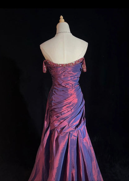 Robes de bal vintage des années 80 sirène col carré en taffetas bordeaux longueur ras du sol avec perles plissées tenues de soirée N3127